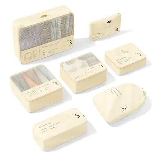 Koffer Organizer, Yomisee Packing Cubes 7 Teilige Koffer Organizer Set Packwürfel Set Reise Kleidertaschen Travel Organizer Packtaschen für Koffer (Beige)