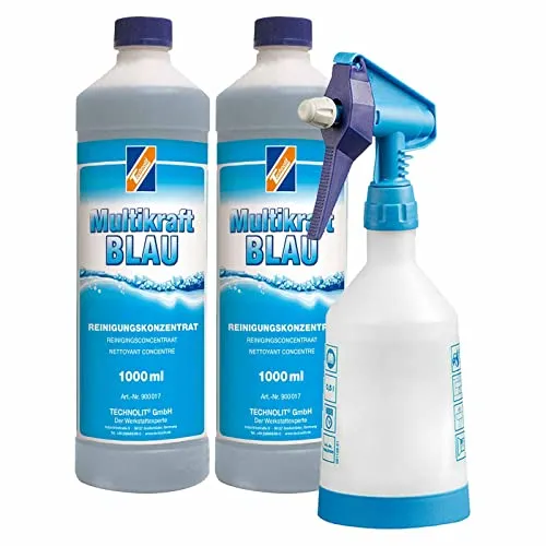TECHNOLIT Multikraft BLAU Universalreiniger 2x 1L + Sprühflasche - Alkalischer Allzweckreiniger mit hoher Reinigungswirkung, entfernt effektiv Öl, Fett und mehr. Biologisch abbaubar und ohne Konservierungsmittel. Inkl. Sprühflasche für müheloses Reinigen.