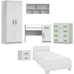 Deine Möbel 24 Kinderzimmer-Set INGE, Weiß & Grün - Komplettes Jugendzimmer-Set aus hochwertigem Holzwerkstoff, mit modernem Design und wählbaren Holzgriffen in verschiedenen Farben – ideal für individuelle Kinderzimmergestaltung.
