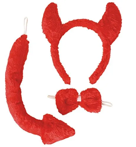 KarnevalsTeufel 3-TLG. Teufels-Set (Schwanz, Schleife, Haarreif mit Hörnern), rot, Plüsch, Devil, Satan, Teufelin, Halloween