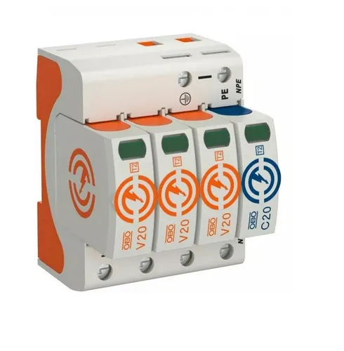 OBO® Bettermann SurgeController V20 dreipolig mit NPE 280V - Überspannungsableiter Typ 2 für effektiven Schutz in Haupt- und Unterverteilungen, bis zu 40 kA Ableitvermögen pro Pol und mit optischer Statusanzeige für maximale Sicherheit.