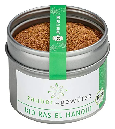 Zauber der Gewürze Bio Ras el hanout Gewürz für marokkanische und orientalische Gerichte mit Fleisch, Fisch, Gemüse, für Tajine, Couscous, Top-Qualität in wiederverschließbarer Aroma-Dose, 50 g