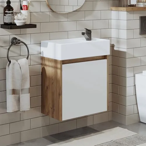 ROOMART Badmöbelset 50cm Unterschrank mit Waschbecken Badezimmer Möbel Gäste WC (Waschbecken mit Unterschrank, weiß Eiche)