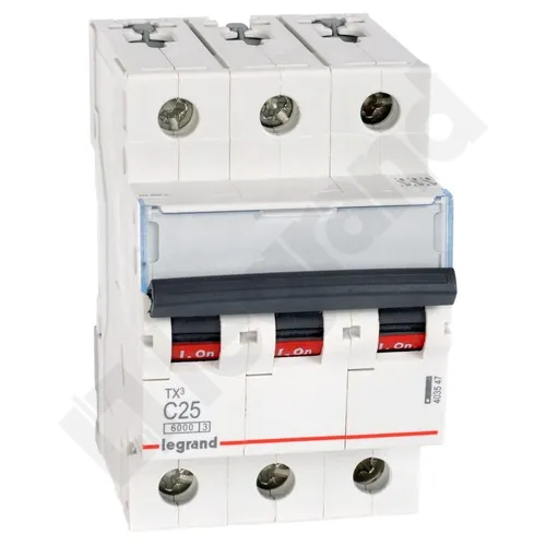 Legrand 403547 Leitungsschutzschalter TX3, 3-polig, C25A, 6kA - Auslösecharakteristik C, ideal für den Schutz von Leitungen in gewerblichen Anwendungen, zuverlässig und nach höchsten Sicherheitsstandards zertifiziert.