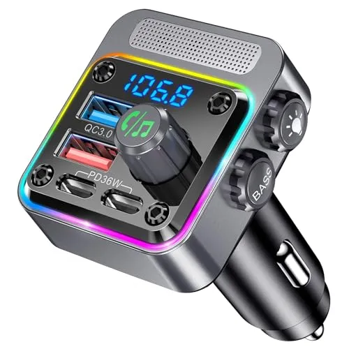 Bluetooth Adapter Auto, GizmoVine 5.3 Transmitter für Auto Bluetooth mit | HiFi-Bass-Sound, Auto Bluetooth Adapter 54W, PD 36W & QC3.0 18W, FM Transmitter Zigarettenanzünder, Noise Cancelling Mikrofon