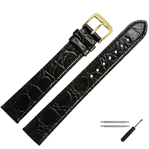 MARBURGER Uhrenarmband 12mm Leder Schwarz Gold XL mit Kroko-Prägung - XL Uhrenarmband aus hochwertigem Rindsleder, ideal für Uhren mit 12mm Anstoßbreite. Lieferung inklusive Montagezubehör für einfachen Wechsel. Verleihen Sie Ihrer Uhr einen eleganten Look!