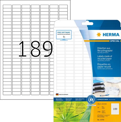HERMA Etiketten Etiketten Recyclingpapier A4 25,4x10mm weiß VE=20 Blatt/3780 Stück