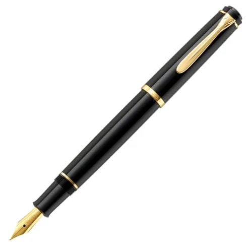 Pelikan Füller Classic P200 - Eleganz in Schwarz - Hochwertiger Kolben- & Patronenfüller für Rechts- und Linkshänder mit 24-Karat-vergoldeter Feder, kratzfestem Gehäuse und elegantem Geschenketui - ideal für hohen Schreibkomfort.