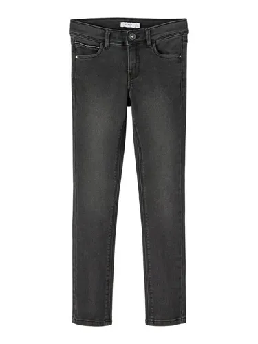 Name It Mädchen Skinny Fit Jeans - Used Style Black Denim - Mädchen-Jeanshosen, modische Skinny Fit Jeans mit verstellbarem Bund und 5-Pocket Style für perfekten Sitz und komfortablen Tragekomfort.