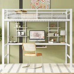 Hausbett mit Schreibtisch und zwei Bücherregalen Hochbett Kinderbett Einzelbett Metallbett 140*200 cm Weiß