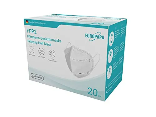 EUROPAPA 20x FFP2 Atemschutzmaske - Hoher Tragekomfort - Atemschutzmasken, 5-lagig mit hygienischer Einzelverpackung für optimalen Schutz und 94% Filterleistung. Ideal für sicheren und komfortablen Gebrauch.