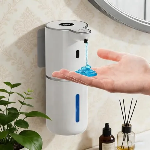 Fantictas Automatisch Seifenspender, Elektrischer Seifenspender mit Display, USB-Wiederaufladbarer,6-Stufig Einstellbar, 380ml Wandmontage für Badezimmer/Küche/Geschirrspülmittel, Weiß