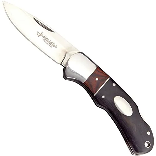 Haller 83479 Uni Taschenmesser Holzgriff - Klappmesser in Geschenkbox mit klassischer Rückenverriegelung, feststellbarer Klinge aus rostfreiem 420 Stahl und edlem Pakka- und Schichtholzgriff – ideal als Geschenk für Messerliebhaber.