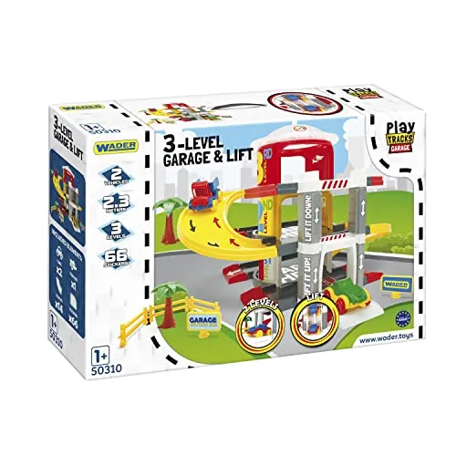 WADER Multi Level Parkgarage über 3 Etagen mit Aufzug - Spielfahrzeuge - 3-stöckige Garage mit Aufzug, 2 Spielzeugautos und 2,3 m Außenbahn für kreativen Spielspaß und Förderung der Fantasie.