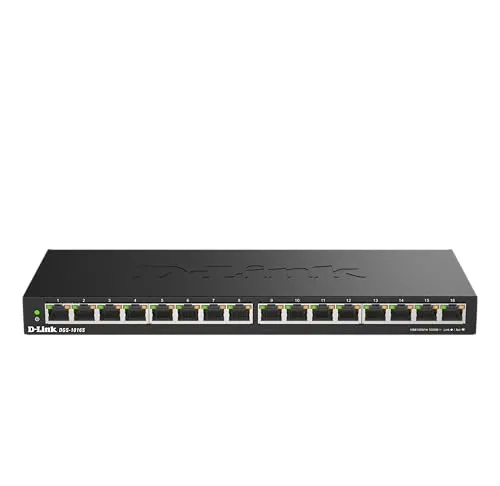 D-Link DGS-1016S 16-Port Gigabit Unmanaged Switch, lüfterlos, Low Profile, Metallgehäuse, Desktop/Wandhalterung, Plug-and-Play, 802.1p QoS, 802.3az EEE schwarz DGS-1016S