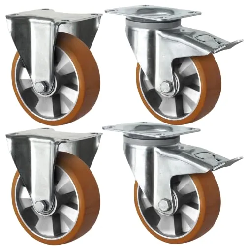 Schwerlastrollen 200 mm Set: 2 Bockrollen & 2 Lenkrollen mit Feststeller - Industrierollen mit Platte: Robustes Set mit 2 Bock- und 2 Lenkrollen, ideal für schwere Lasten bis 700 kg. Aus langlebigem Polyurethan für hohe Mobilität und Stabilität.