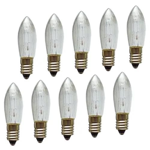 Erzgebirgslicht - AUSWAHL - 10x Topkerze Spitzkerze 8V 1,5W E10 für 30 Brennstellen Ersatzbirne Glühbirne Riffelkerze Glühlämpchen für Lichterketten und Schwibbogen (keine LED!)