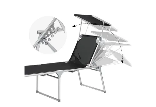 SONGMICS Gartenliege Sonnenliege, 65 x 200 x 48 cm, klappbar, Garten, Balkon, Terrasse, 1 St., mit Dach, Aluminium, groß, Liegestuhl, bis 150 kg belastbar, Rückenlehne verstellbar, schwarz