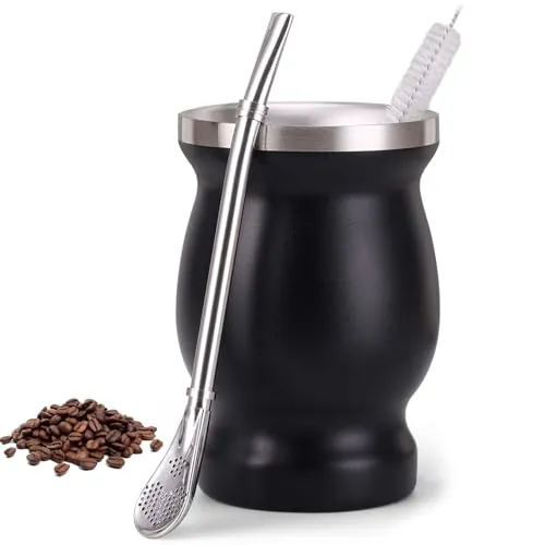 Edelstahl Mate Tee Becher Set mit Löffel und Reinigungsbürste, Dishwasher Safe und Robust für Küche, Restaurant, Café (Schwarz)