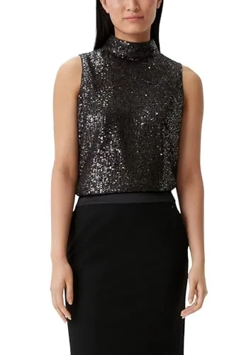 comma Damen 2138983 Bluse - Elegante schwarze Bluse mit Pailletten - Tanktops & Träger-Tops für Damen, Stehkragen mit Pailletten für einen klassischen und eleganten Look.