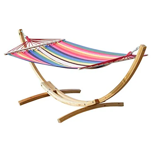 ALEOS. 320cm Hängemattengestell Blanca-Rojo Hängematte mit Gestell aus Holz Lärche Natur mit bunter Stabhängematte - mit roten Seilen