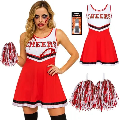 REDSTAR Cheerleader Kostüm Damen mit Pompons & Kunstblut – Gruseliger High School Zombie – Halloween Party oder Karneval