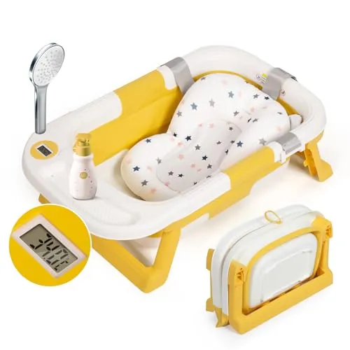 Leogreen Baby Badewanne mit Badematte, Babywanne Faltbare Babybadewanne mit Tragbarem Digitalem Reisethermometer und Tabletts, Unverzichtbar für Kleinkinder 0-36 Monate Neugeborene