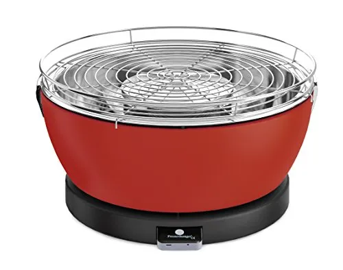 Xxxl Holzkohlegrill Rot, mobil und stufenlos regulierbar - Mobiler Holzkohlegrill in Rot mit elektrischem Ventilator für optimale Temperaturkontrolle und weniger Rauch. Ideal für 4-5 Personen, inklusive Grillzange und Tragetasche.