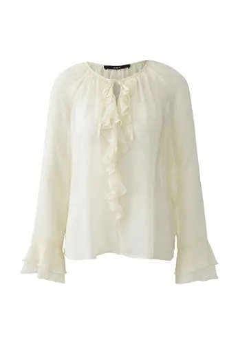 Oui Damen Bluse lässig geschnitten Uni - Lässige Damenbluse aus transparentem Crêpe in crinkle Optik. Mit Rundhals, Schlitz und Bindeband für einen eleganten Look. Ideal für vielseitige Outfits.