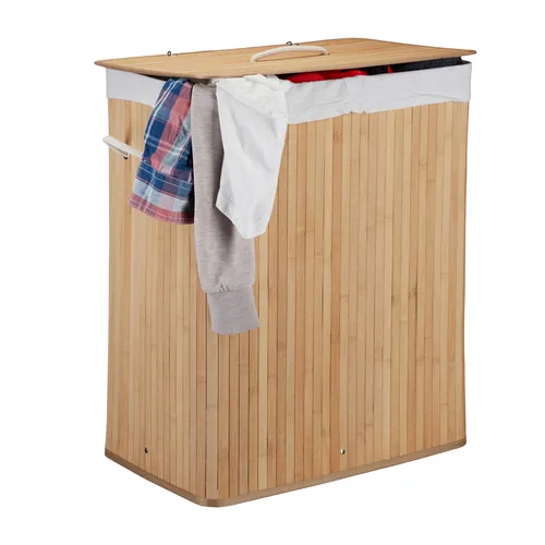 relaxdays Wäschesortierer Wäschekorb Bambus mit 2 Fächern - Wäschesortierer aus Bambus, dekorativ und pflegeleicht, mit 2 Fächern für optimale Sortierung und waschbarem Wäschesack für frische Kleidung.