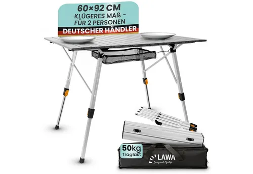 Höhenverstellbarer Camping Klapptisch aus Aluminium - Camping-Möbel: Leichter und stabiler Klapptisch für 2 Personen, höhenverstellbar von 47 bis 69,5 cm, ideal für Picknick und Balkon, mit praktischer Netzablage für zusätzlichen Stauraum.