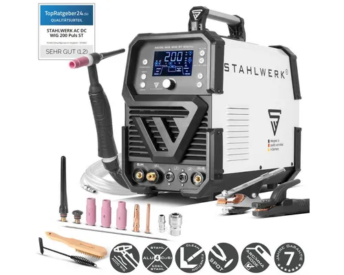 STAHLWERK AC/DC WIG 200 ST Digital Schweißgerät - Kombischweißgerät für MIG, WIG & MMA, ideal für Stahl, Edelstahl und Aluminium. Mit 7 Jahren Herstellergarantie und umfangreichem Zubehör-Set für professionelle Anwendungen.