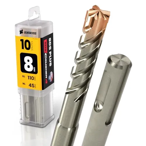SDS Plus Hammerbohrer 4X Schneiden PGM Ø 8.0mm x 45mm - AMBOSS Werkzeuge SDS Crusher 4 - HM Betonbohrer Hartmetall Profi Bohrer 8.0 mm x 45 - Steinbohrer Stahlbeton Mauerwerk Ziegel Kalksandstein