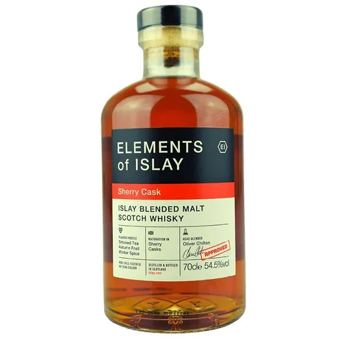 Elements of Islay - Sherry Cask Whisky - Islay Blended Malt Scotch Whisky, mit 54,5 % vol, reift in Sherry Butts und vereint Aromen von Trockenfrüchten und dunkler Schokolade – ein rauchiges Geschmackserlebnis ohne Kühlfiltrierung.