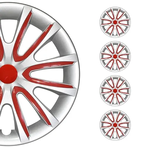 OMAC Radkappen 14 Zoll Grau & Rot, 4er Set - Radkappen für 14 Zoll Räder, leichtgewichtig und waschstraßenfest, bieten stilvollen Schutz und einfache Installation für eine individuelle Fahrzeugästhetik.