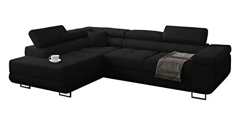 Ecksofa Miami mit Schlaffunktion, Eckcouch mit Bettkasten, L Form Couch, Ecksofa mit Bettkasten, Sofagarnitur mit Schalffunktion, Ottomane Links (Schwarz + Schwarzer Kunstleder -EKO)