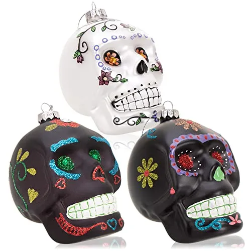 com-four® 3X Premium Christbaumschmuck - Totenschädel als Weihnachtsdeko - morbide Anhänger - lustiger Weihnachtsbaumschmuck (3 Stück - Schädel bunt)