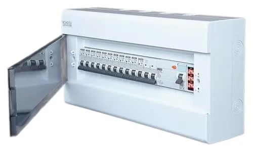 RoadEu Leitungsschutzschalter - 3-Phasen Stromverteiler mit Spannungsanzeiger - Verteilerkasten mit 16A und 10A Sicherungsautomaten, vorverdrahtet und einfach zu installieren. Ideal für Werkstätten und Wohnräume, schützt vor Überlastung und Kurzschlüssen.