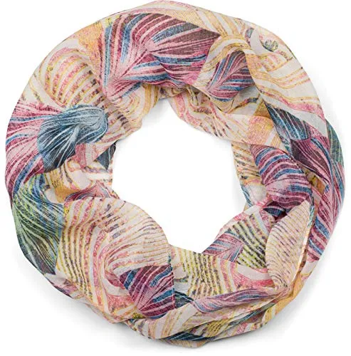 styleBREAKER Damen Loop Schal mit buntem Blätter Muster, Schlauchschal, Tuch 01016203, Farbe:Gelb-Rose