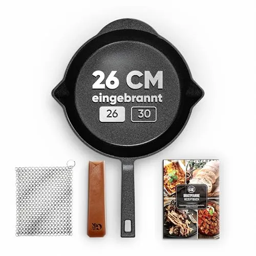 GUSSKÖNIG Feuerpfanne 26 cm mit Stiel - Pfanne aus Gusseisen für gleichmäßige Wärmeverteilung, ideal zum Braten und Grillen von Fleisch und Gemüse.