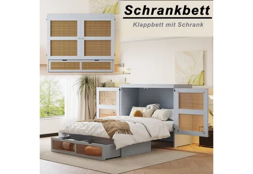 Odikalo Polsterbett Jugendbett 140x200 cm mit Stauraum - Platzsparendes Schrankbett mit Rattan-Design und Lattenrost, ideal für kleine Räume. Bietet unter dem Bett zusätzlichen Stauraum und ist einfach zu bedienen.