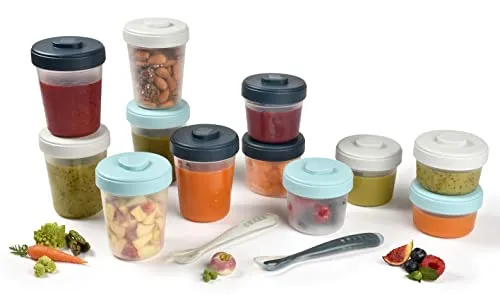 BÉABA, 12er-Set Aufbewahrungsbehälter und 2 Fütterlöffel aus Silikon, Clip , Stapelbare Behälter, 100 % Luftdicht , Einfrieren, Muttermilch, 2 x 90 ml + 4 x 150 ml + 6 x 250 ml, Storm