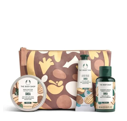 The Body Shop G2 Beauty Bag Shea Geschenkset - Praktisches Geschenkset mit Duschgel (60ml), Body Butter (50ml) und Handbalsam (30ml) für die tägliche Körperpflege. Ideal für verwöhnende Momente und einen frischen Duft.
