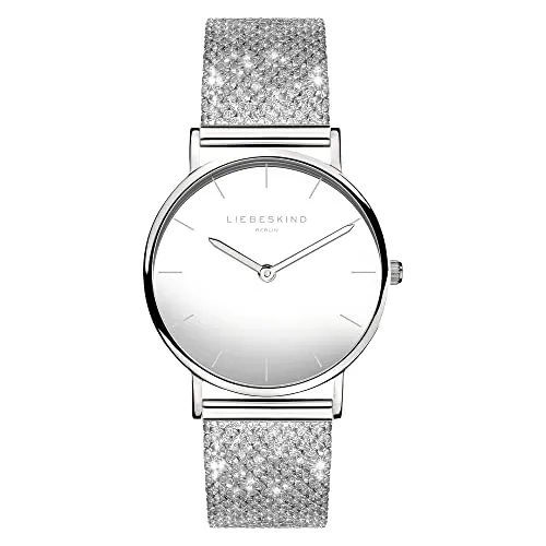 Liebeskind Berlin Armbanduhr LT-0217-MQ Silber - Elegante Damenuhr mit poliertem Edelstahlgehäuse und glitzerndem Meshband, ideal für stilvolle Outfits. Wasserdicht bis 5 Bar und mit Easy-Change-System für einfaches Bandwechseln.