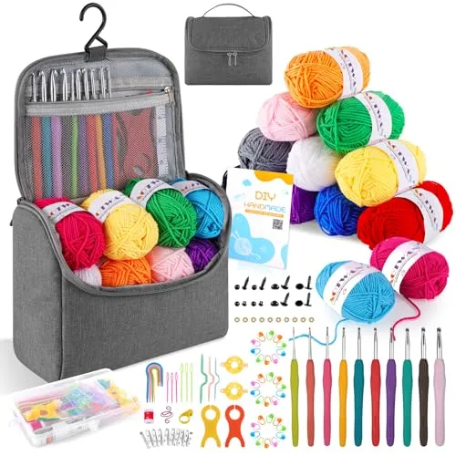 Häkelset für Anfänger Häkelnadel Set 12 Farben 25g Acryl Wolle 2,0-6,5 mm Ergonomische Metall Häkelnadeln Crochet Set Tragbar Tasche für DIY-Häkelprojekt-Grau