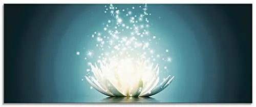 ARTland Wanddeko Glasbilder Wandbild Glas Bild einteilig 125x50 cm Querformat Asien Botanik Blumen Blüten Lotusblume Seerose Modern türkis T9NM
