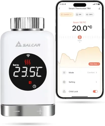 SALCAR Heizkörperthermostat TRV801W - Smart Home, WLAN, programmierbar - Programmierbare Thermostate für Zuhause, App-fähig zur Steuerung der Raumtemperatur und Energiesparen. Sprachsteuerung über Alexa und Google Home möglich.