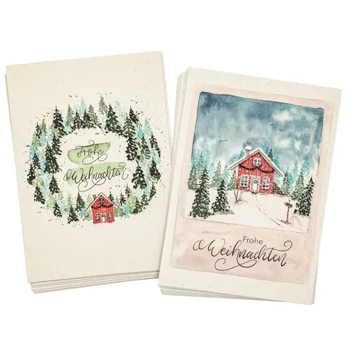 100%Mosel Postkarten Set Weihnachten, mit Aquarellmotiv, 12 Stück (105 x 148 mm), Weihnachtskarten aus baumfreien Naturpapier im Skandilook