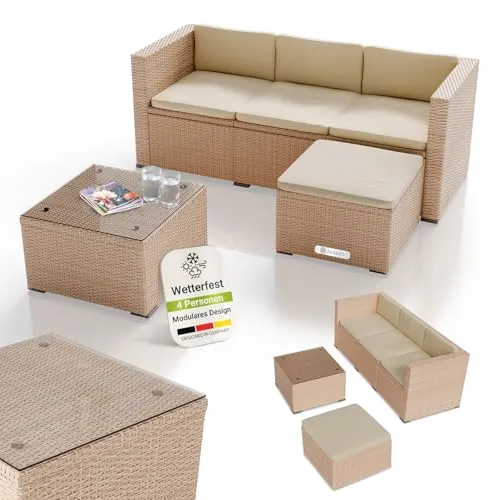 Juskys® Polyrattan Lounge Punta Cana M für 3-4 Personen - Stilvolles 3er Gartenmöbel Set aus Sofa, Hocker und Tisch in trendiger Rattan-Optik. Gemütliche, abziehbare Auflagen bieten hohen Sitzkomfort. Wetterfest und pflegeleicht – ideal für Garten, Terrasse oder Balkon.
