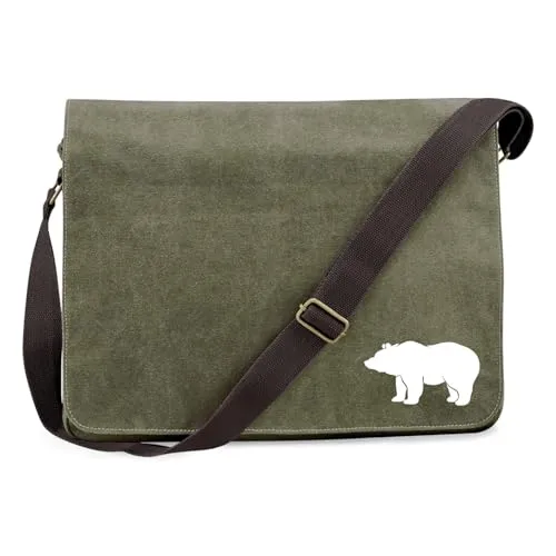 Huuraa Schultertasche Bär Silhouette Geschenk 14 Liter Military Green Canvas Bär Mitbringsel